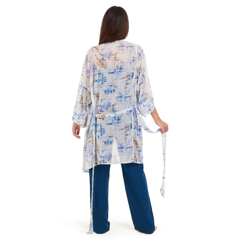 Women summer 3 piece pajama set Abstract Ocean watercolors kimono + Petroleum top & Pants - Image 5