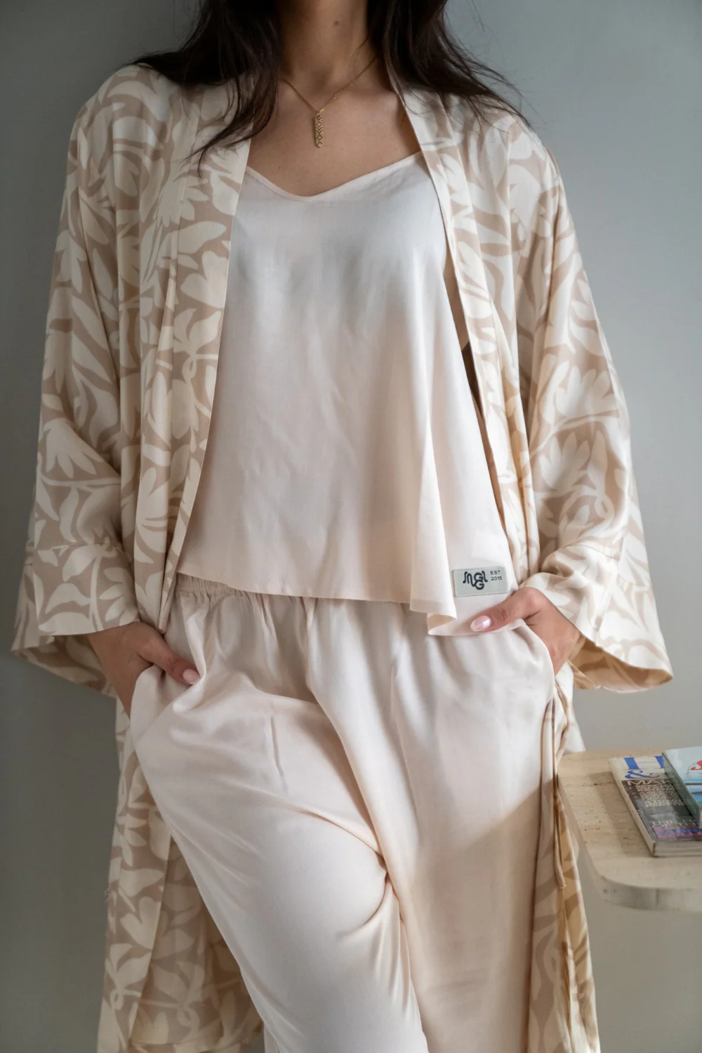 Women summer 3 piece pajama set  Beige Flowers Top + Beige Flowers kimono & Pants - Image 2