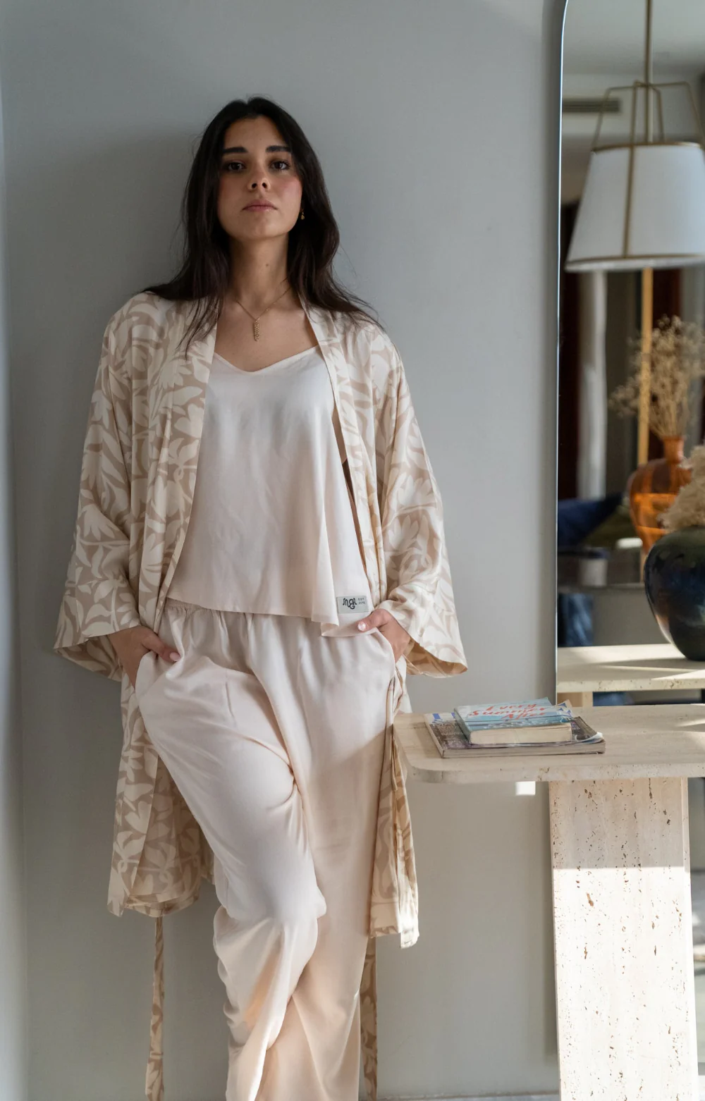 Women summer 3 piece pajama set  Beige Flowers Top + Beige Flowers kimono & Pants - Image 3
