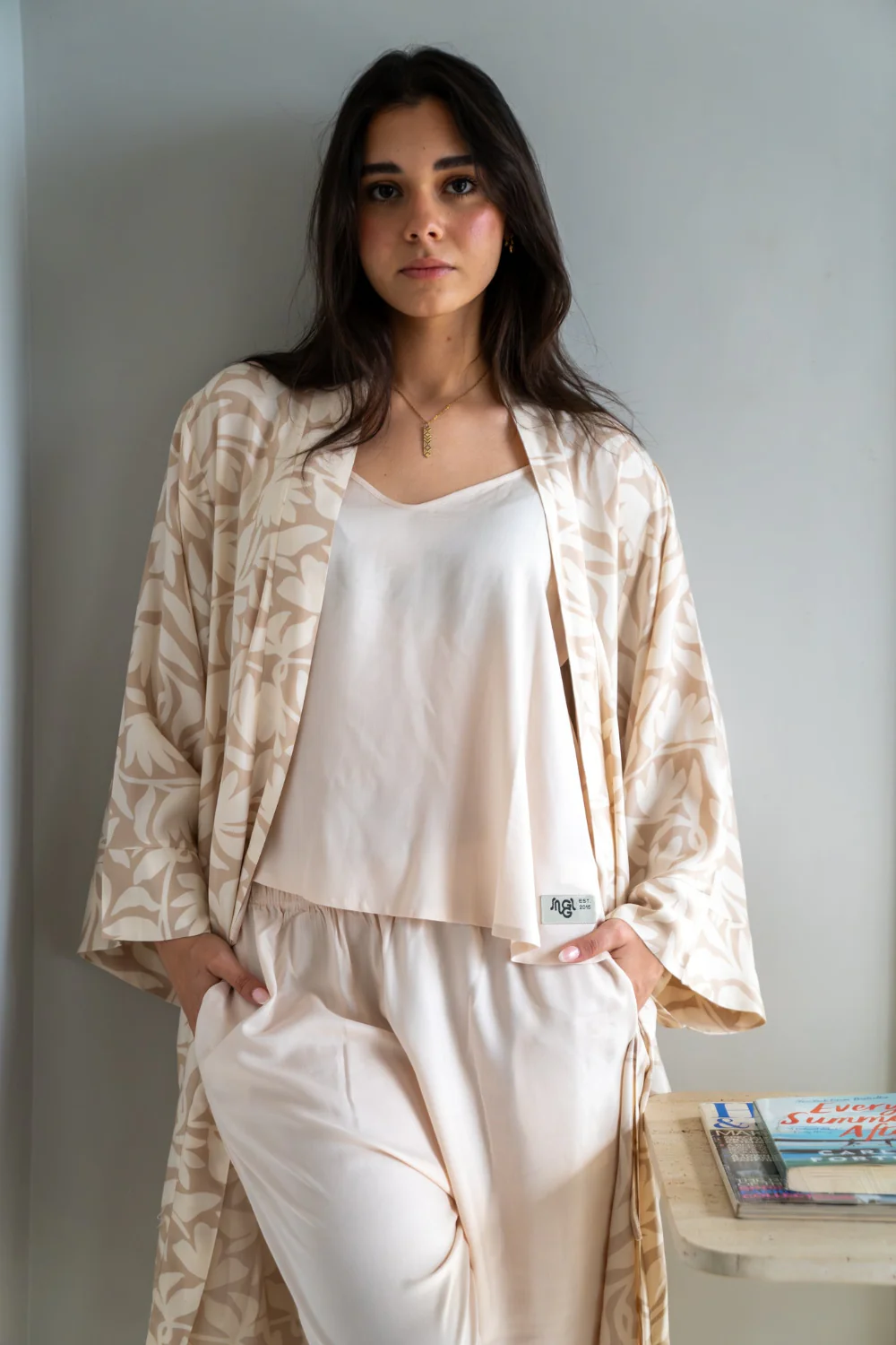 Women summer 3 piece pajama set  Beige Flowers Top + Beige Flowers kimono & Pants - Image 4