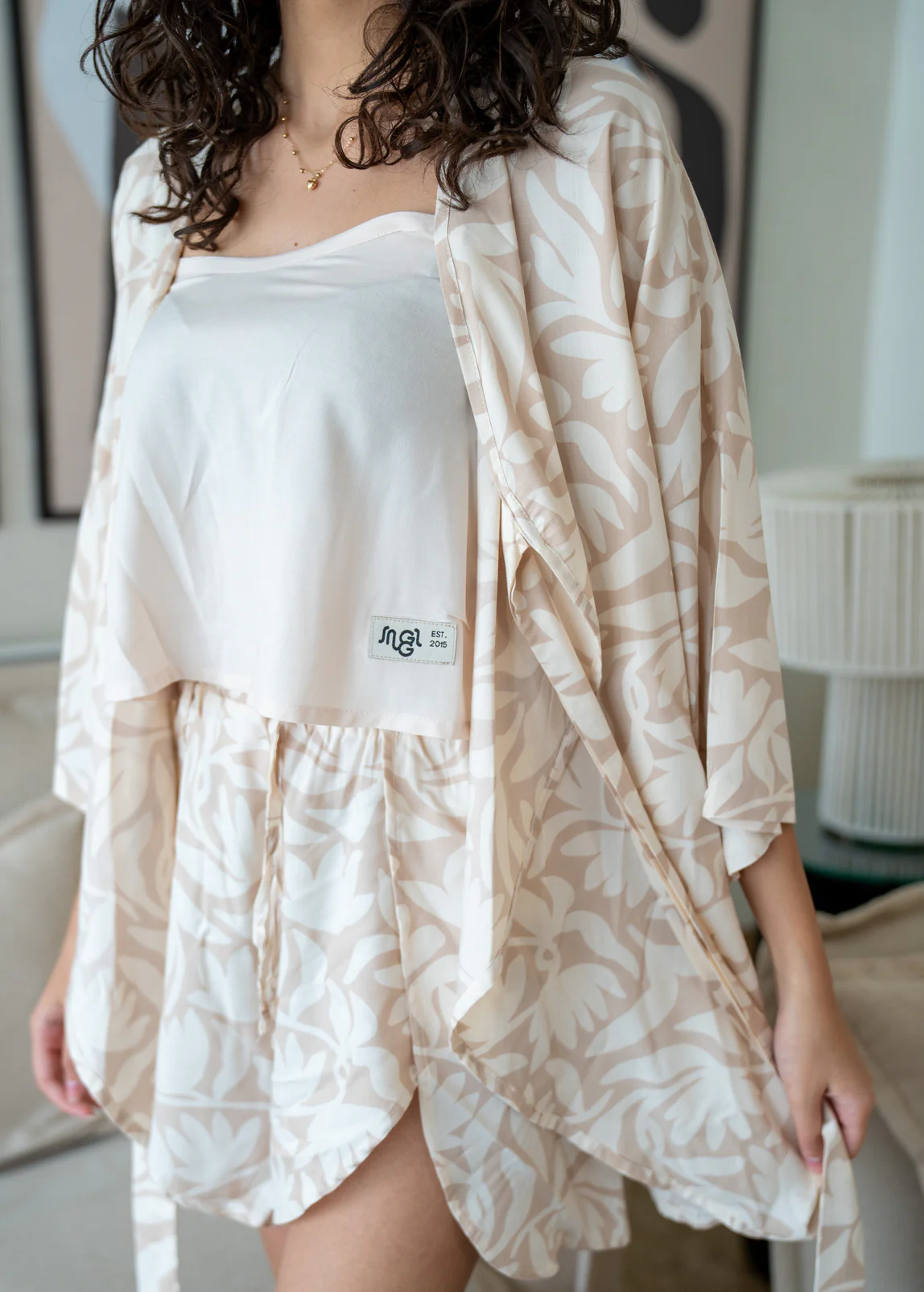 Women summer 3 piece pajama set Beige Top + Bold Floral Outline kimono & Short - Image 3