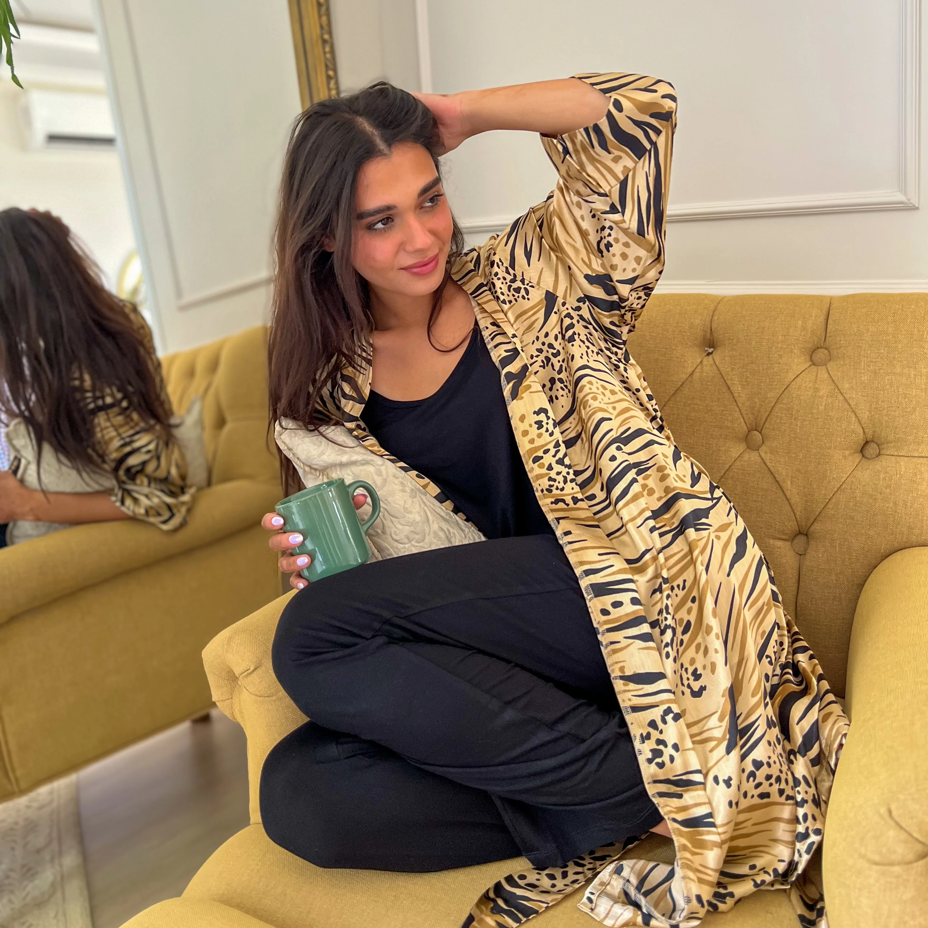 Women summer 3 piece pajama set Beige Cheetah pattern kimono + Black top & Pants - Image 3