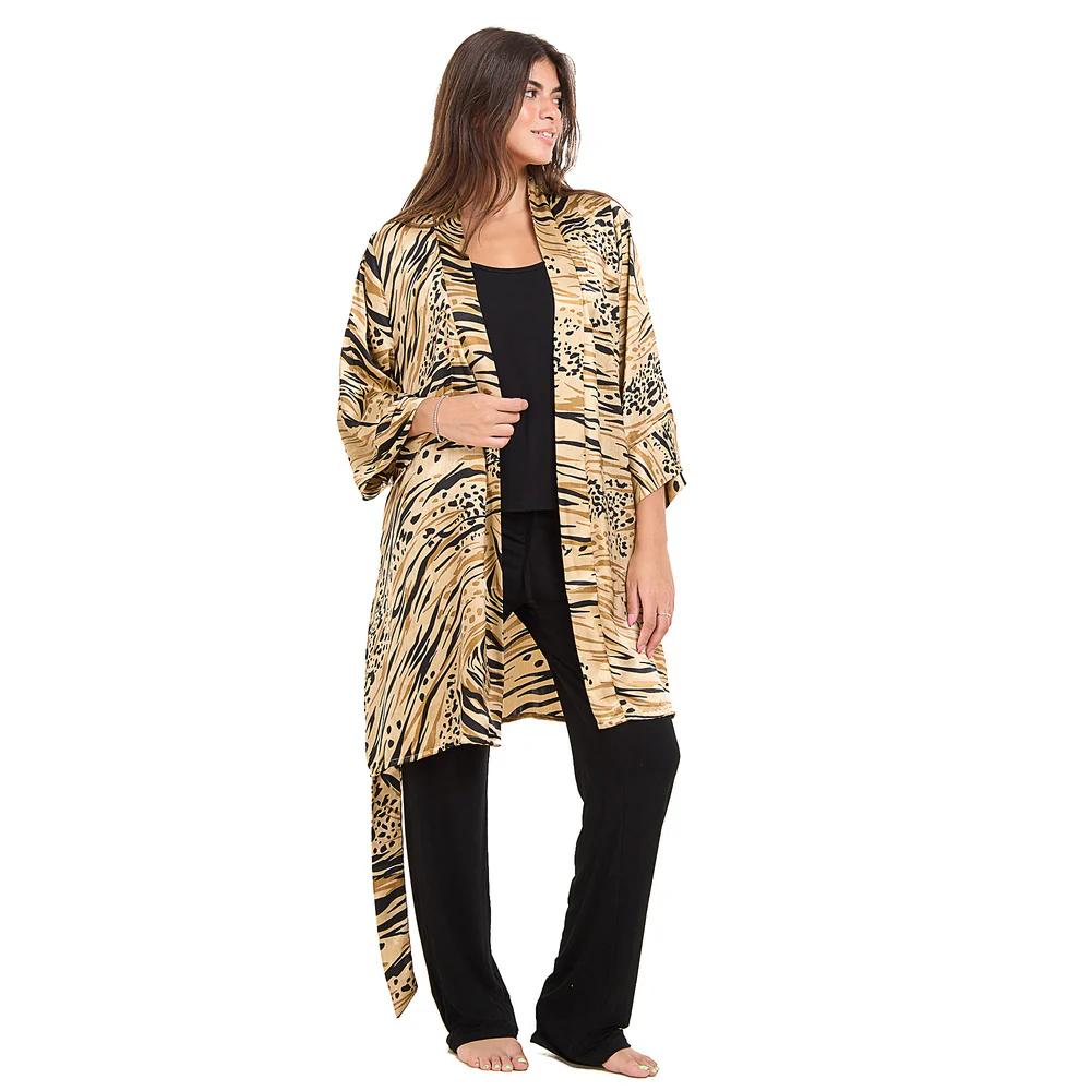 Women summer 3 piece pajama set Beige Cheetah pattern kimono + Black top & Pants - Image 4