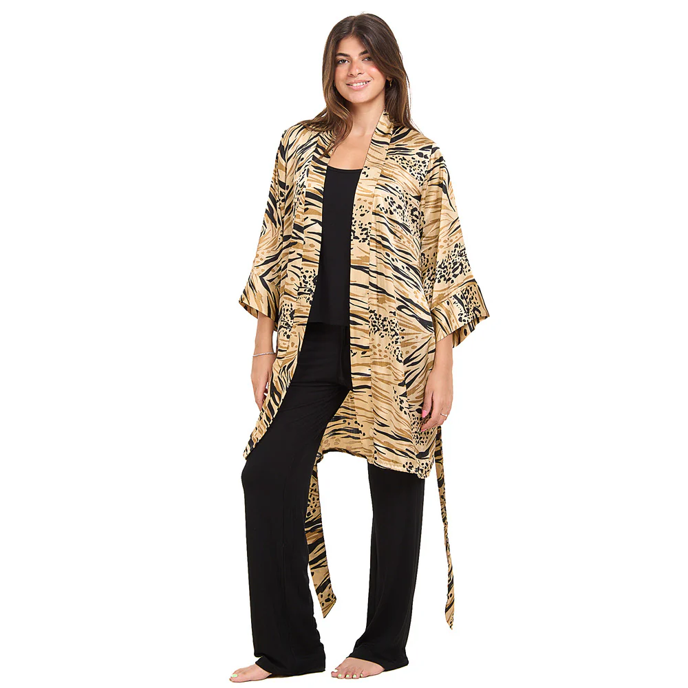 Women summer 3 piece pajama set Beige Cheetah pattern kimono + Black top & Pants - Image 5