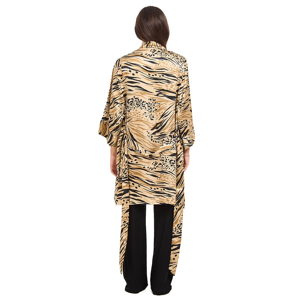 Women summer 3 piece pajama set Beige Cheetah pattern kimono + Black top & Pants - Image 6