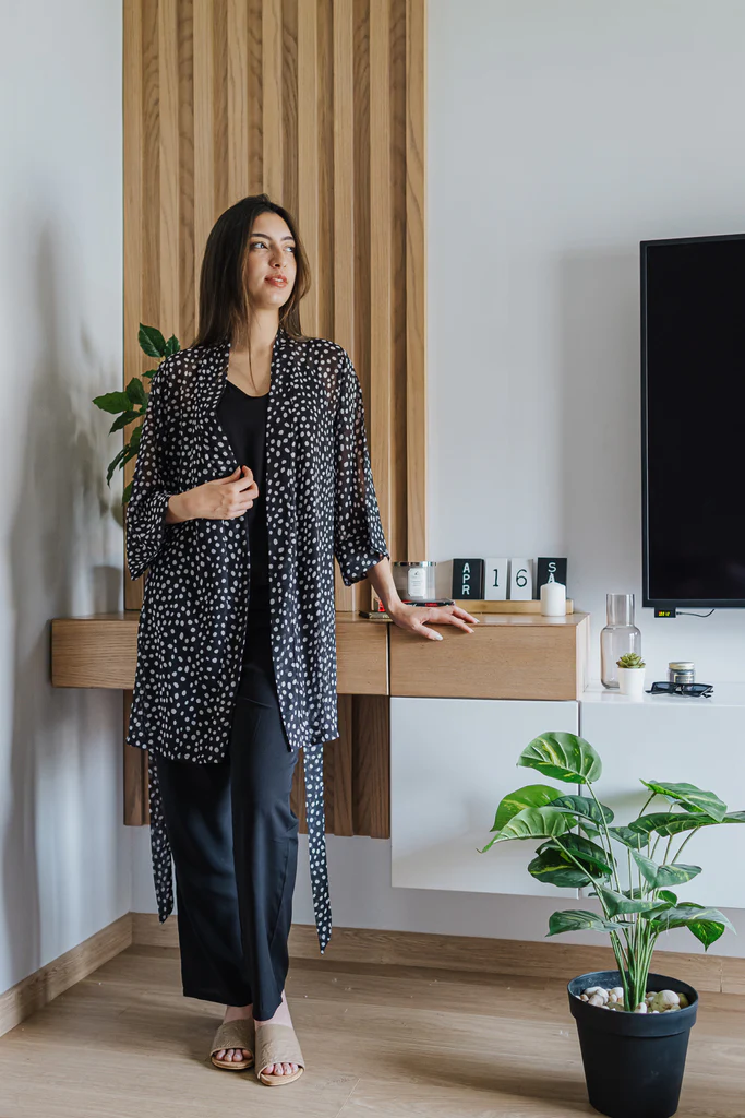Women summer 3 piece pajama set  Black polka dots kimono + Black top & Pants - Image 3