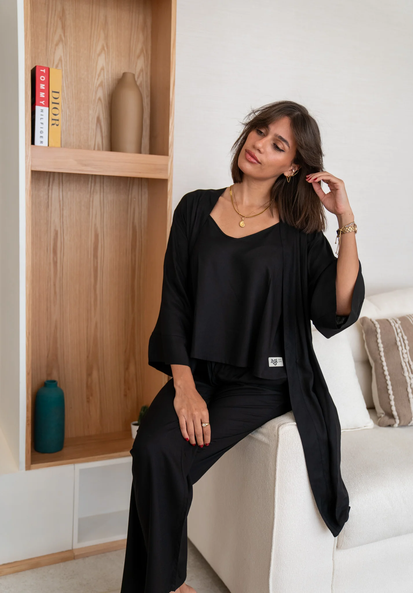 Women summer 3 piece pajama set  Black Top + Black kimono & Pants - Image 3