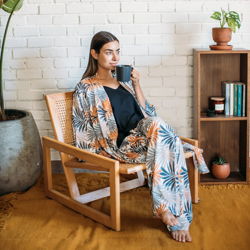 Women summer 3 piece pajama set  Black Top + Colorful flowered kimono & Pants - Image 2