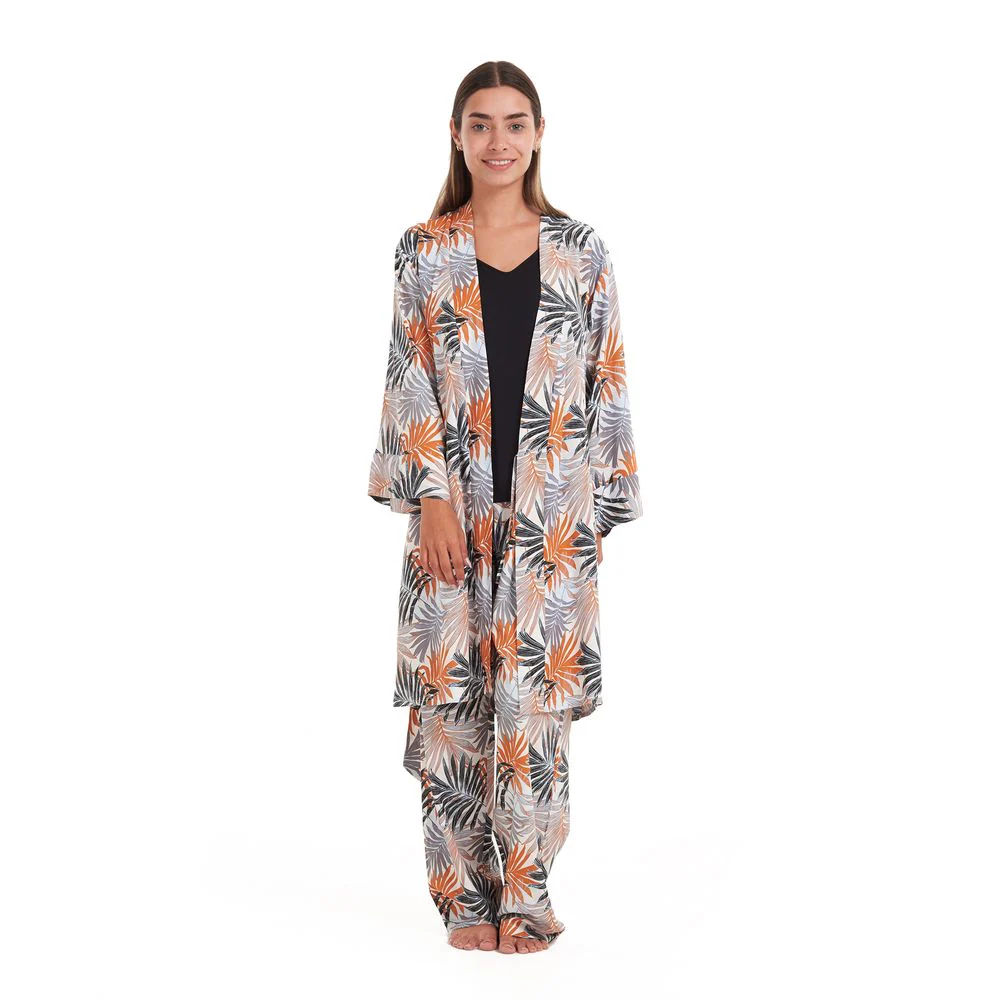 Women summer 3 piece pajama set  Black Top + Colorful flowered kimono & Pants - Image 3