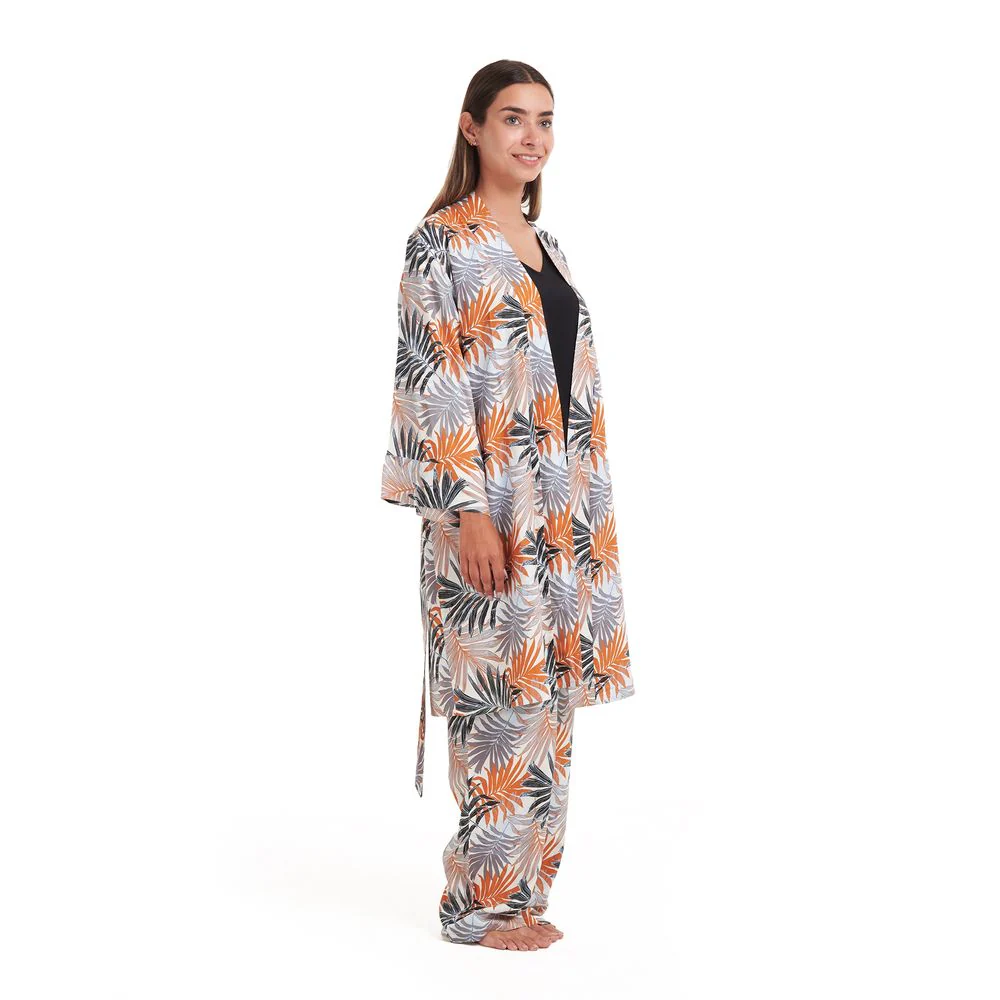 Women summer 3 piece pajama set  Black Top + Colorful flowered kimono & Pants - Image 4