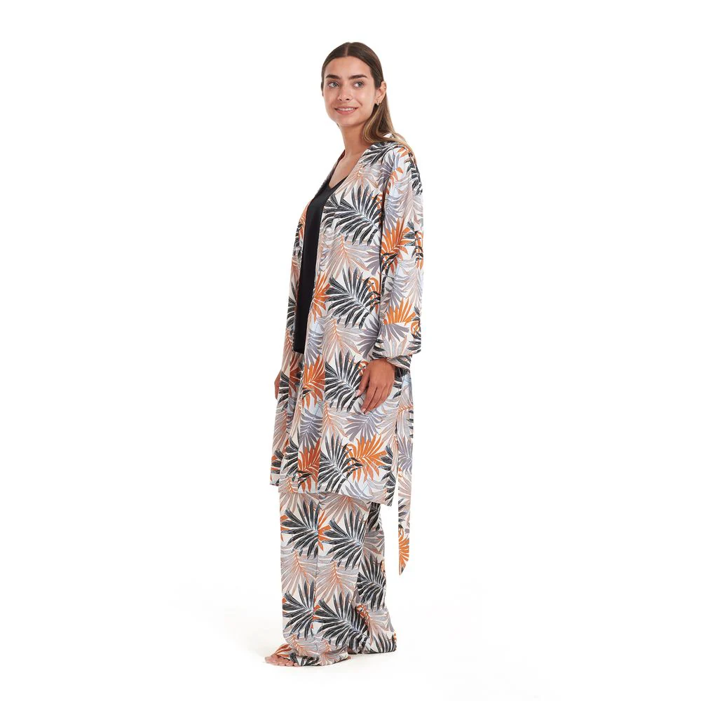 Women summer 3 piece pajama set  Black Top + Colorful flowered kimono & Pants - Image 5