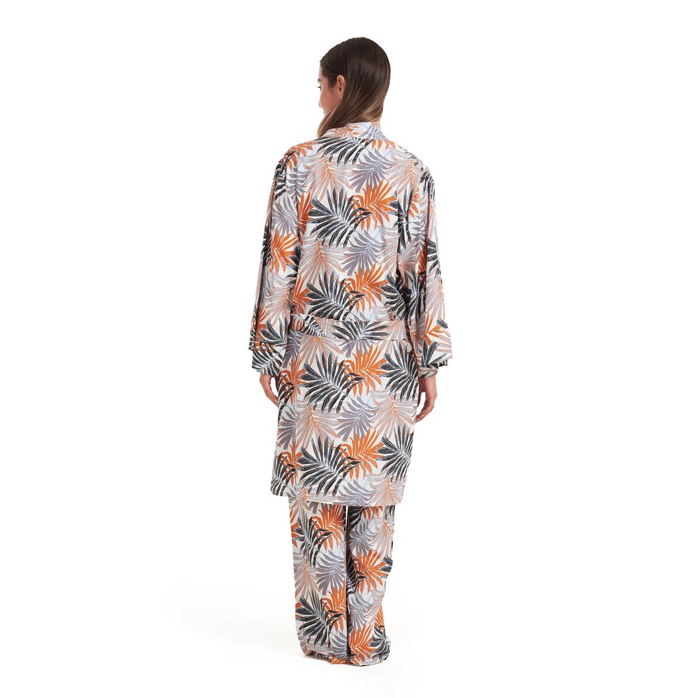 Women summer 3 piece pajama set  Black Top + Colorful flowered kimono & Pants - Image 6
