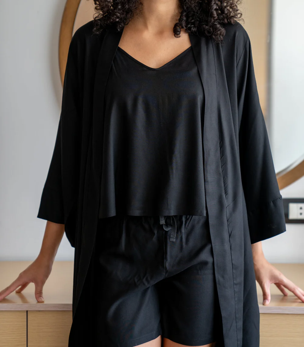 Women summer 3 piece pajama set  Black Top +kimono & short - Image 3