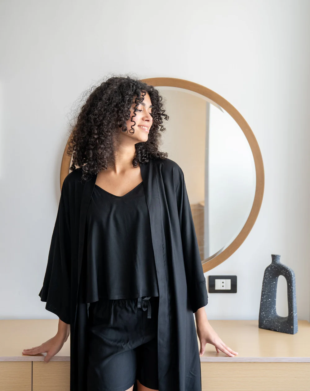 Women summer 3 piece pajama set  Black Top +kimono & short - Image 4