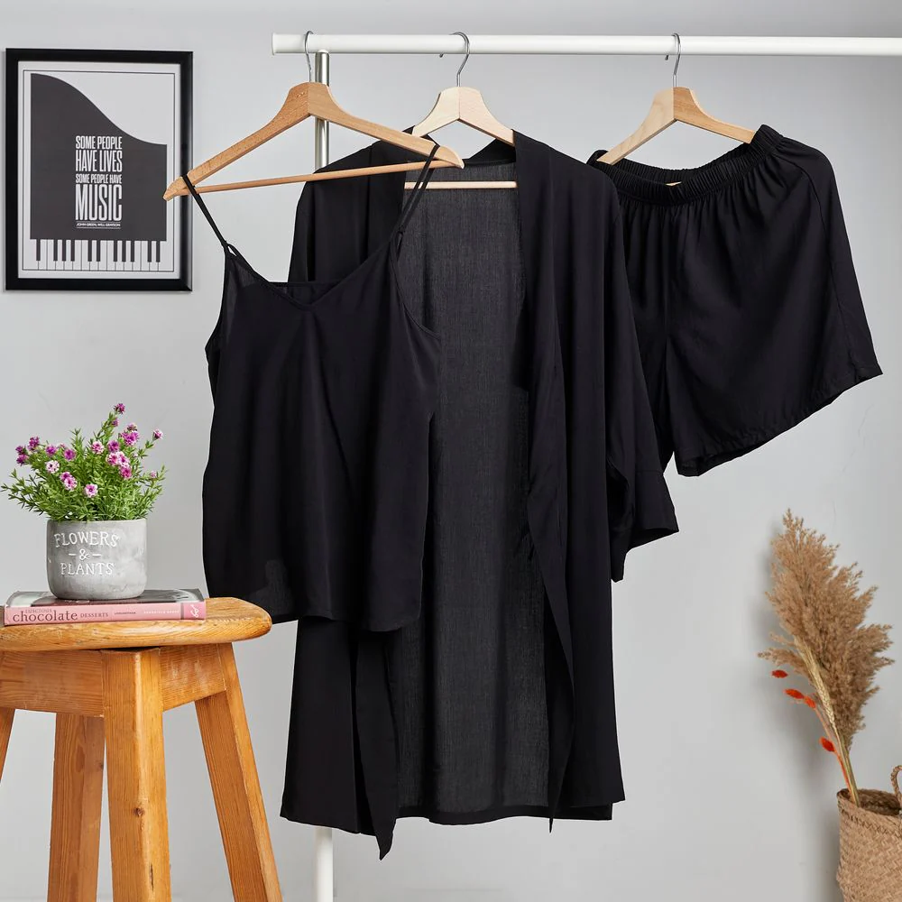 Women summer 3 piece pajama set  Black Top +kimono & short - Image 5