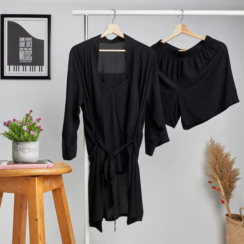 Women summer 3 piece pajama set  Black Top +kimono & short - Image 6