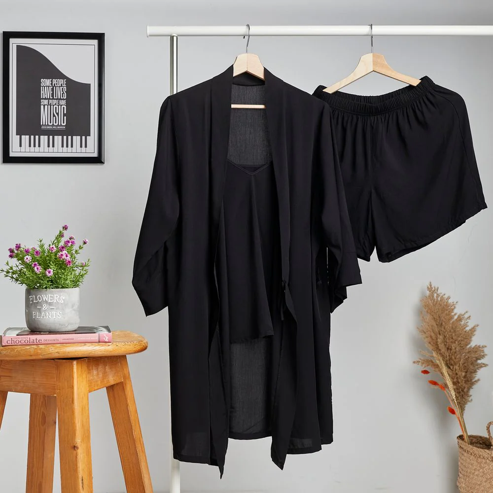 Women summer 3 piece pajama set  Black Top +kimono & short - Image 7