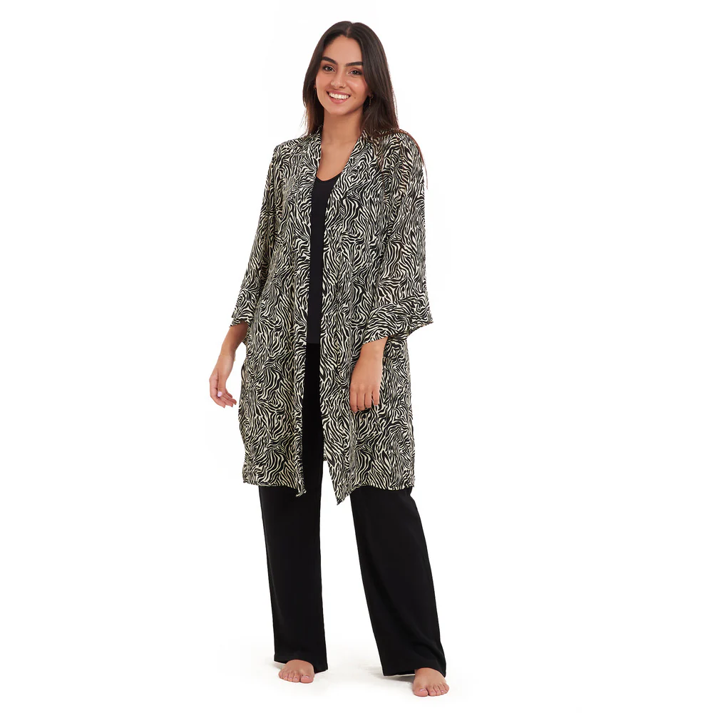 Women summer 3 piece pajama set  Black zebra pattern kimono + Black top & Pants - Image 2