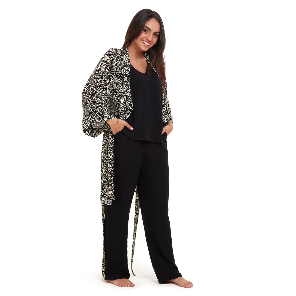 Women summer 3 piece pajama set  Black zebra pattern kimono + Black top & Pants - Image 3