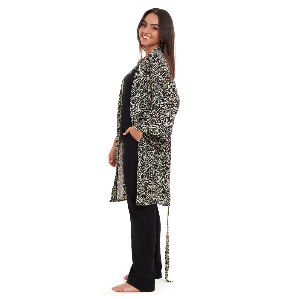 Women summer 3 piece pajama set  Black zebra pattern kimono + Black top & Pants - Image 4