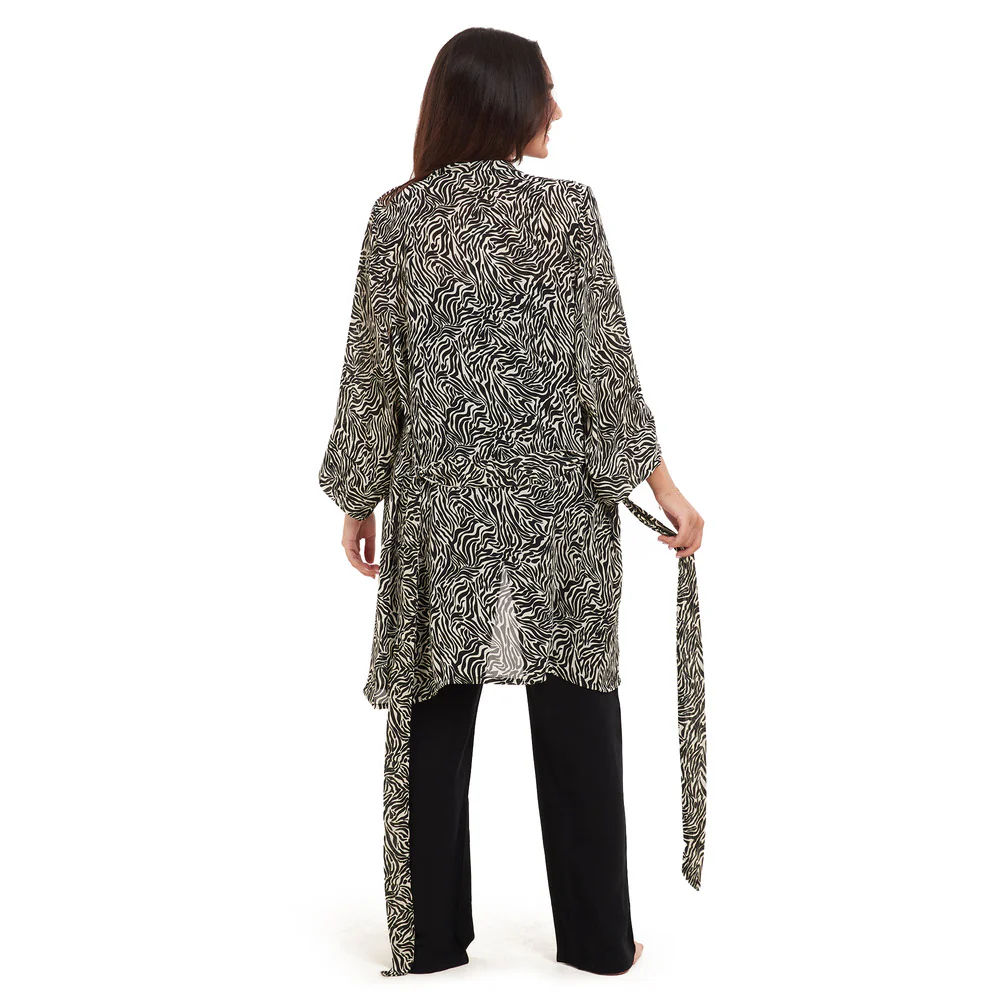 Women summer 3 piece pajama set  Black zebra pattern kimono + Black top & Pants - Image 5
