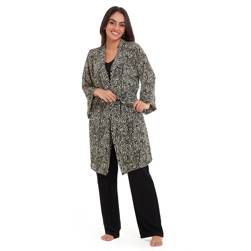 Women summer 3 piece pajama set  Black zebra pattern kimono + Black top & Pants - Image 6