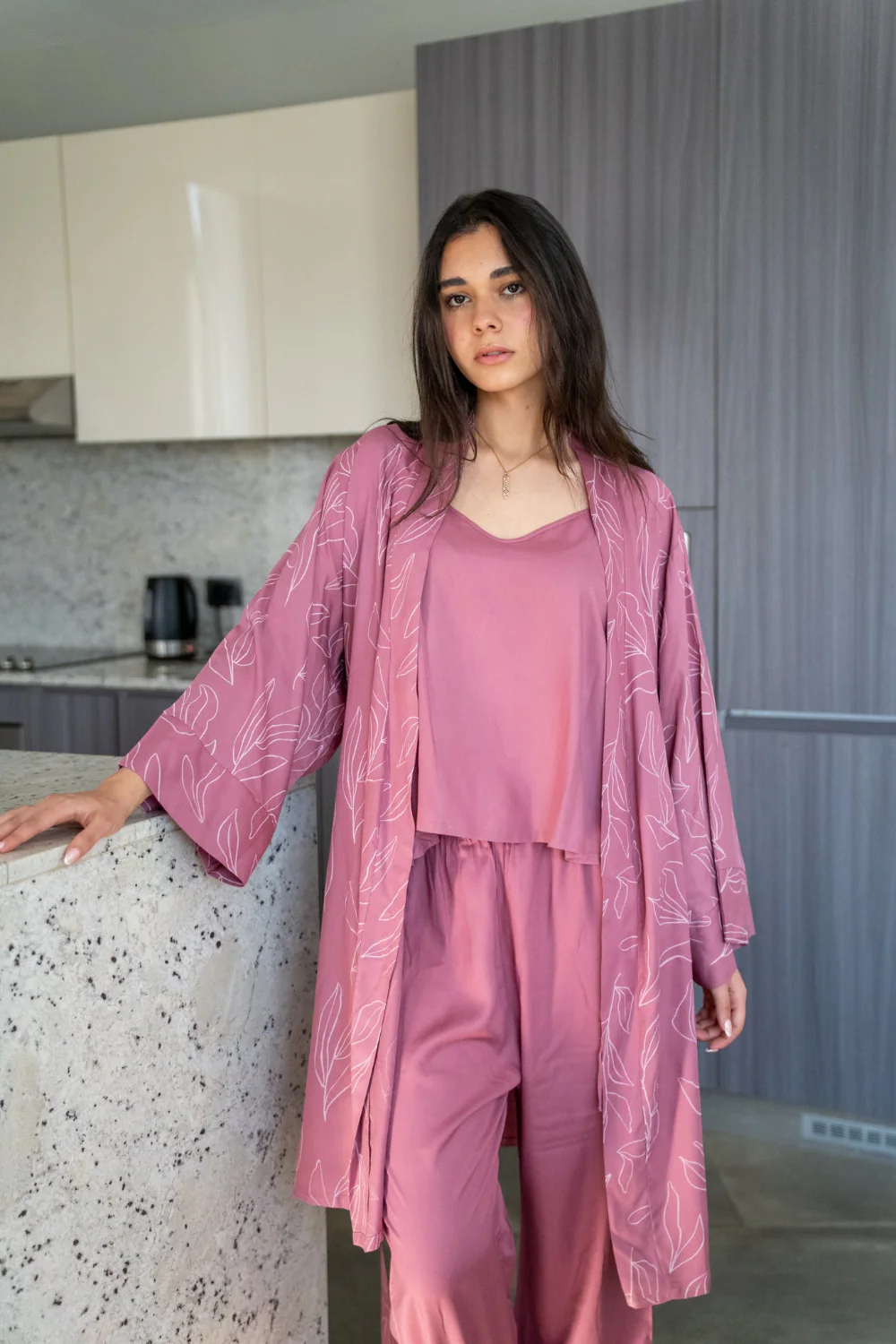 Women summer 3 piece pajama set Cashmere Flowers Top + Cashmere Flowers kimono & Pants - Image 2