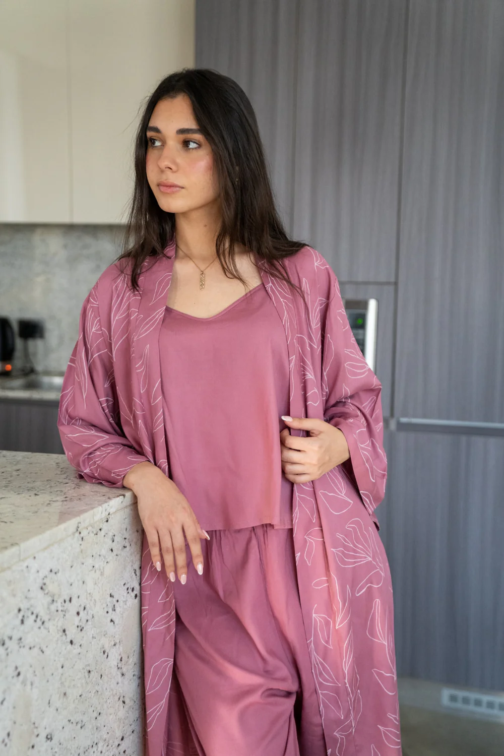 Women summer 3 piece pajama set Cashmere Flowers Top + Cashmere Flowers kimono & Pants - Image 3