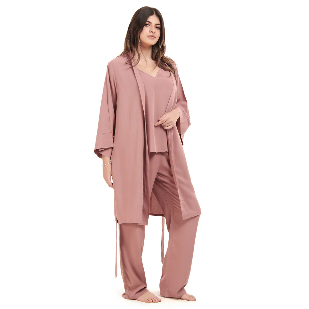 Women summer 3 piece pajama set  Cashmere Top + Cashmere kimono & Pants - Image 2