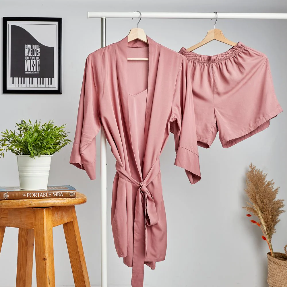 Women summer 3 piece pajama set  Cashmere Top +kimono & short - Image 2