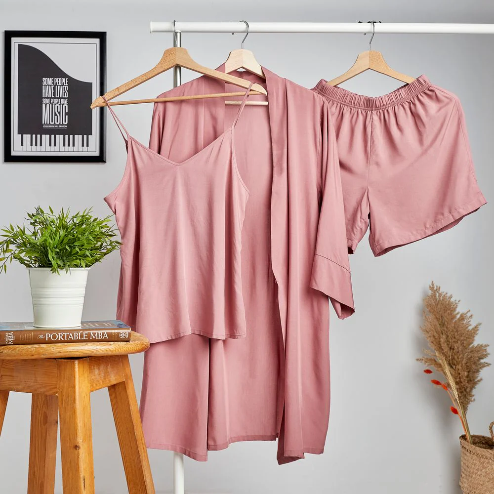 Women summer 3 piece pajama set  Cashmere Top +kimono & short - Image 3