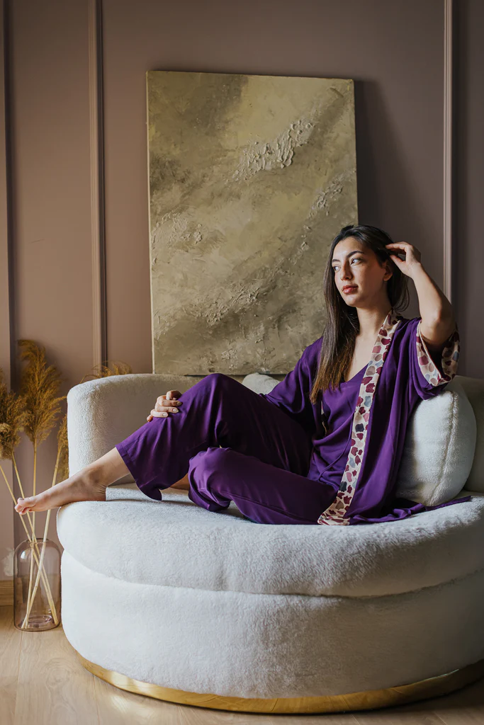 Women summer 3 piece pajama set  Colorful kimono + Purple top & Pants - Image 2