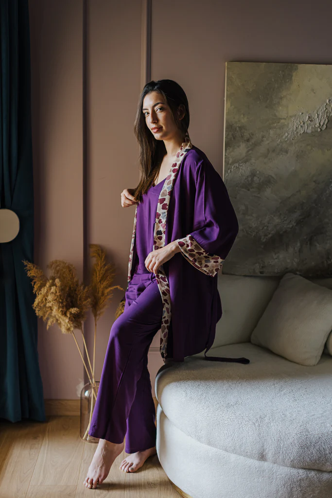 Women summer 3 piece pajama set  Colorful kimono + Purple top & Pants - Image 3