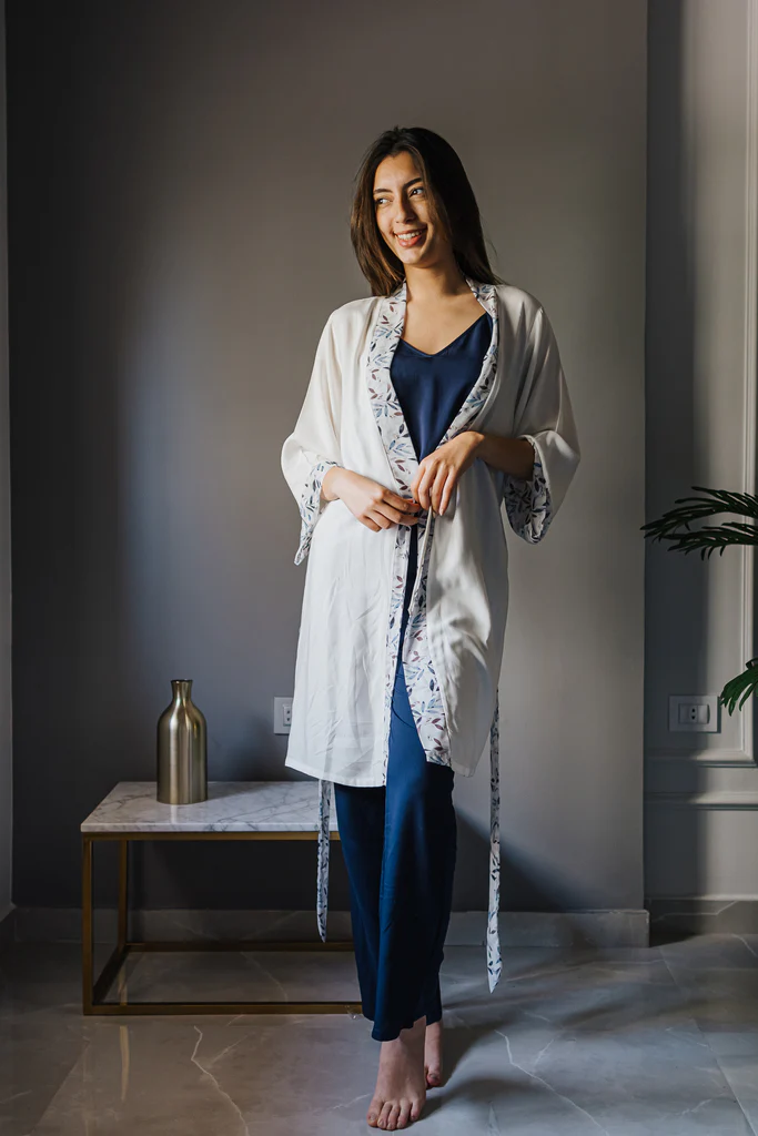Women summer 3 piece pajama set Dark blue leaves kimono + Dark blue top & Pants