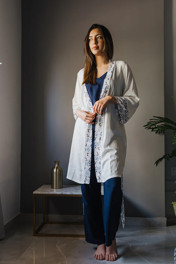 Women summer 3 piece pajama set Dark blue leaves kimono + Dark blue top & Pants - Image 2