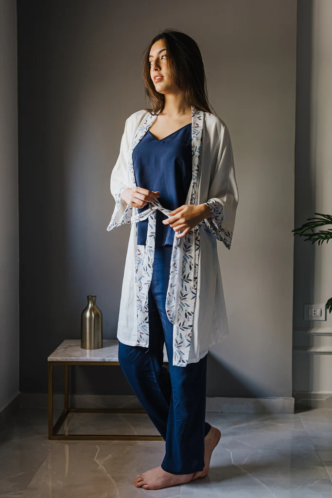 Women summer 3 piece pajama set Dark blue leaves kimono + Dark blue top & Pants - Image 3