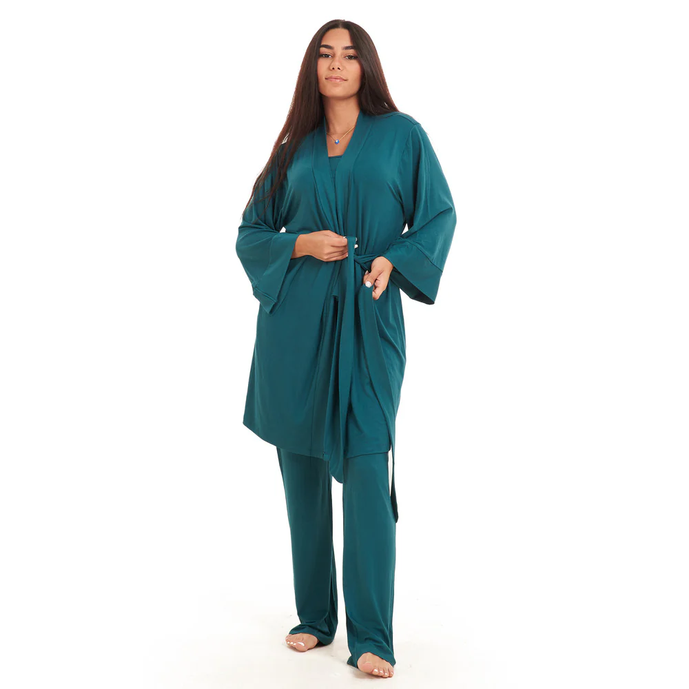 Women summer 3 piece pajama set  Dark green Top + Dark green kimono & Pants - Image 2