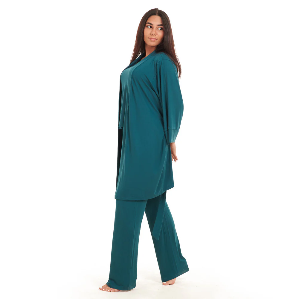 Women summer 3 piece pajama set  Dark green Top + Dark green kimono & Pants - Image 3