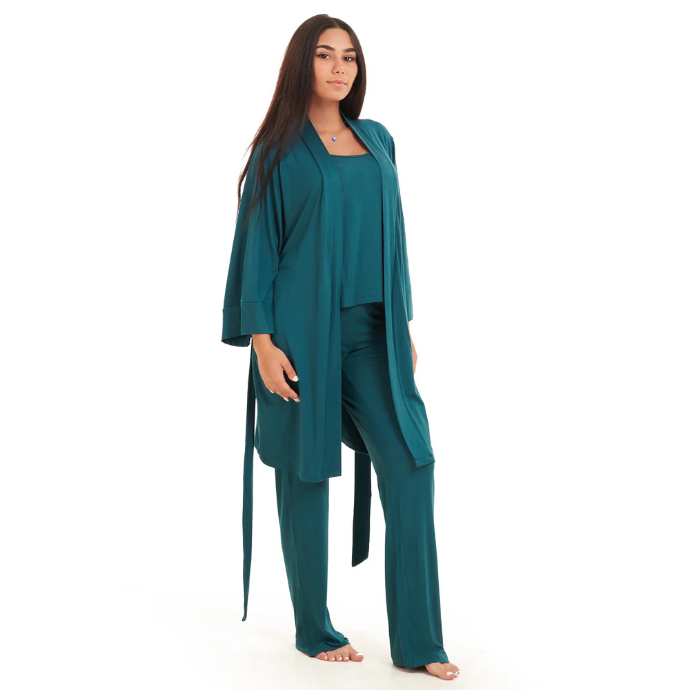 Women summer 3 piece pajama set  Dark green Top + Dark green kimono & Pants - Image 4