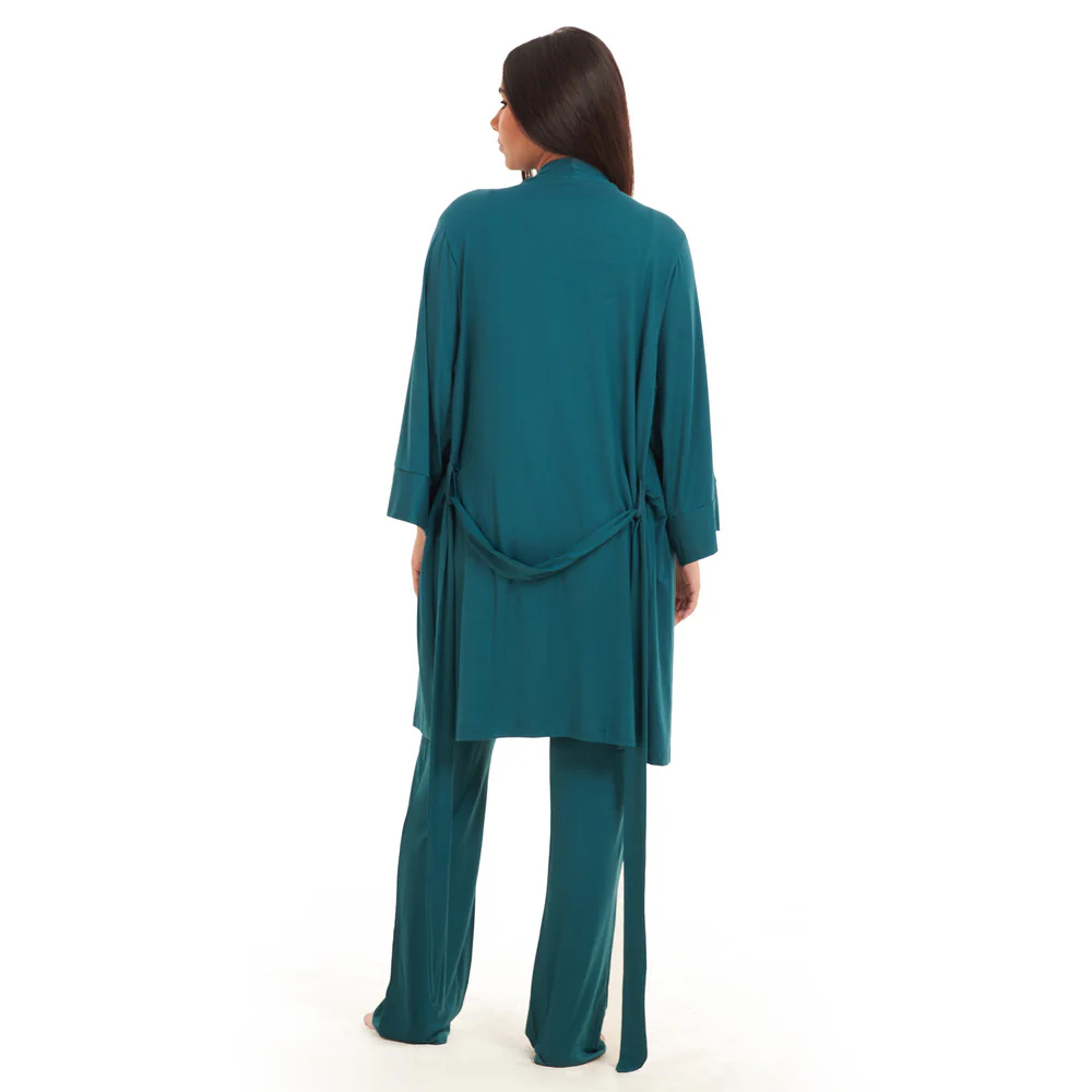 Women summer 3 piece pajama set  Dark green Top + Dark green kimono & Pants - Image 5