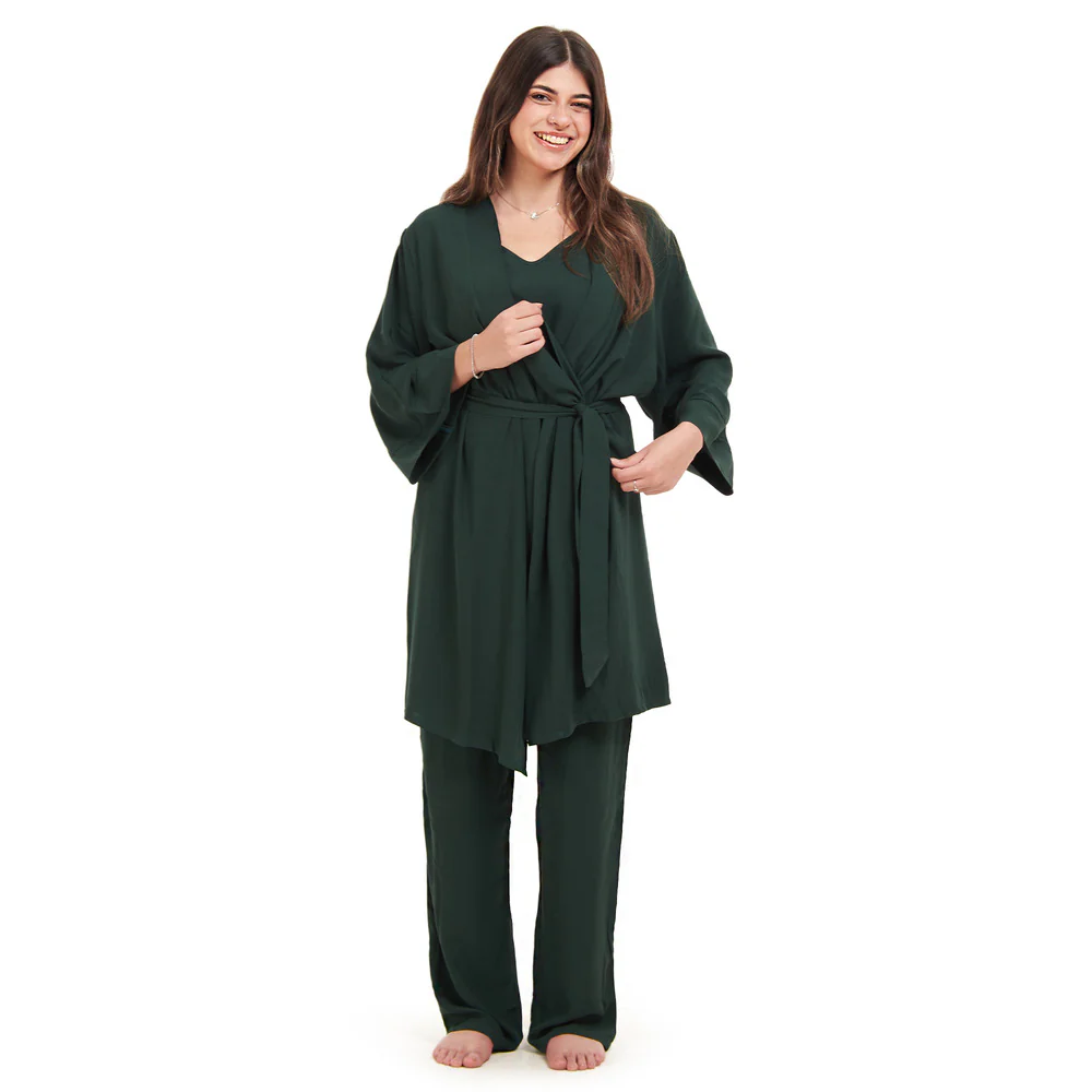 Women summer 3 piece pajama set  Dark Green Top + Dark Green kimono & Pants - Image 2