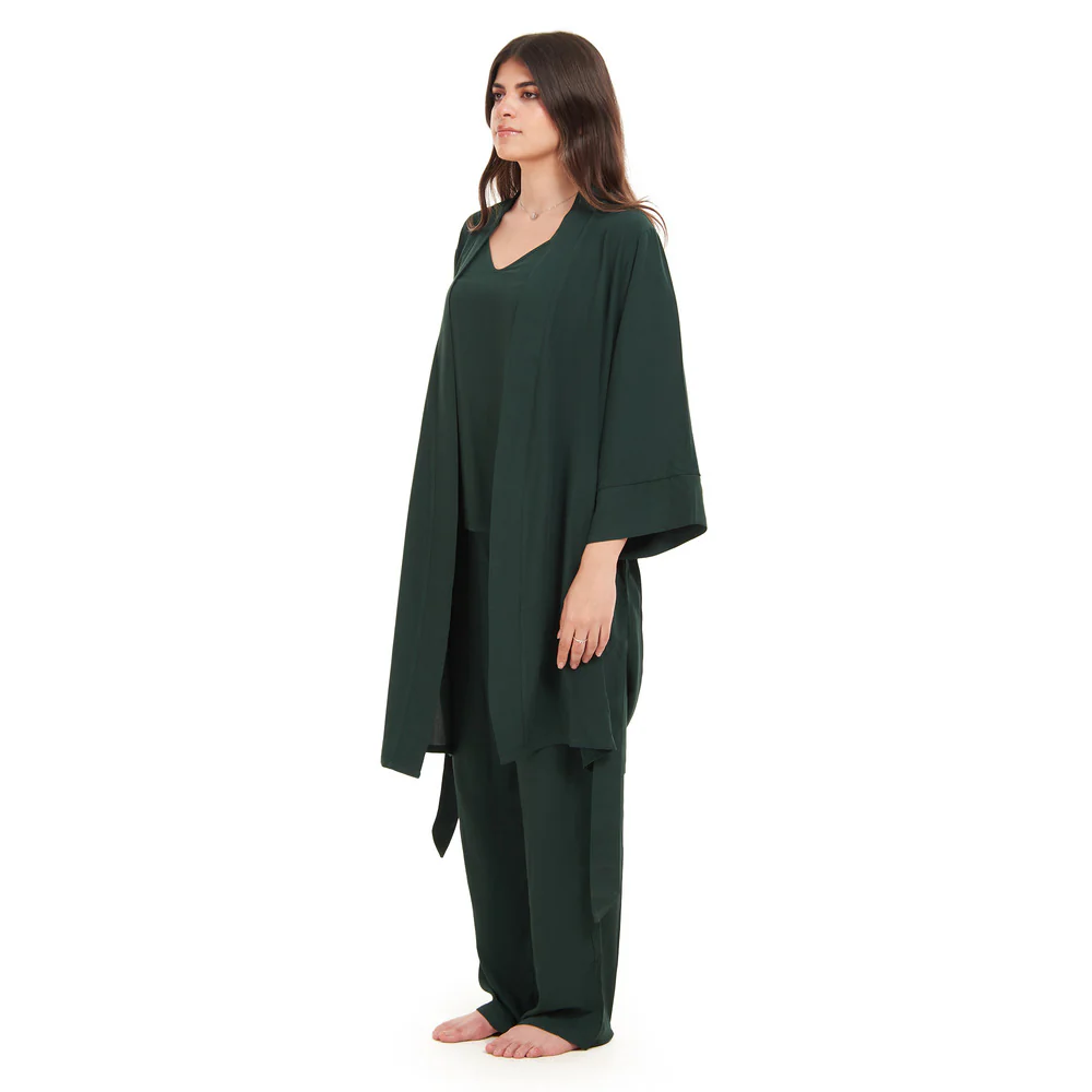 Women summer 3 piece pajama set  Dark Green Top + Dark Green kimono & Pants - Image 3