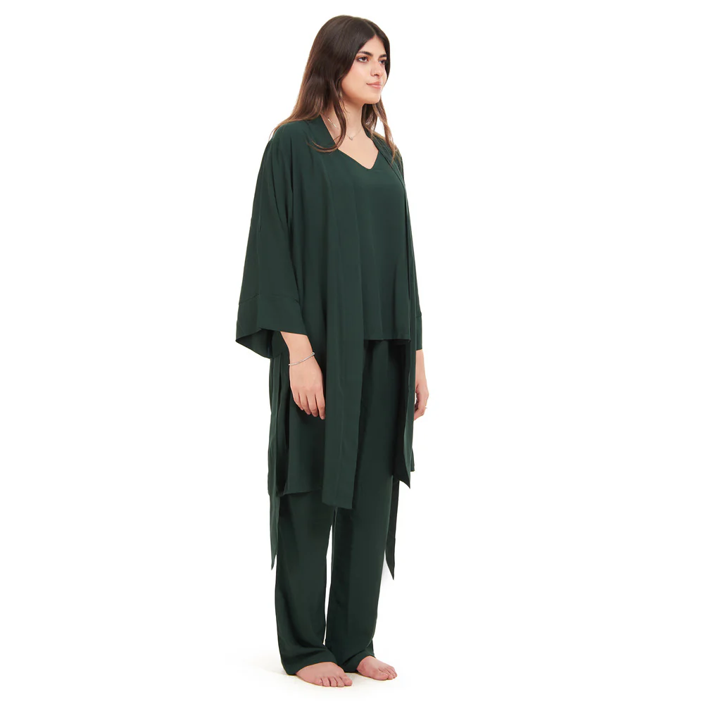 Women summer 3 piece pajama set  Dark Green Top + Dark Green kimono & Pants - Image 4