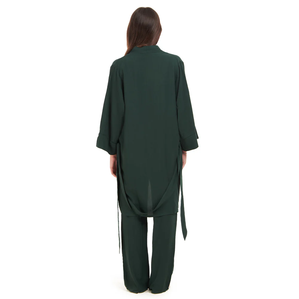 Women summer 3 piece pajama set  Dark Green Top + Dark Green kimono & Pants - Image 5