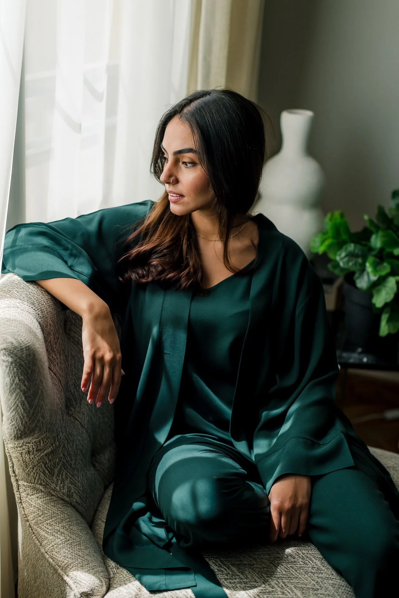 Women summer 3 piece pajama set  Dark Green Top + Dark Green kimono & Pants - Image 6