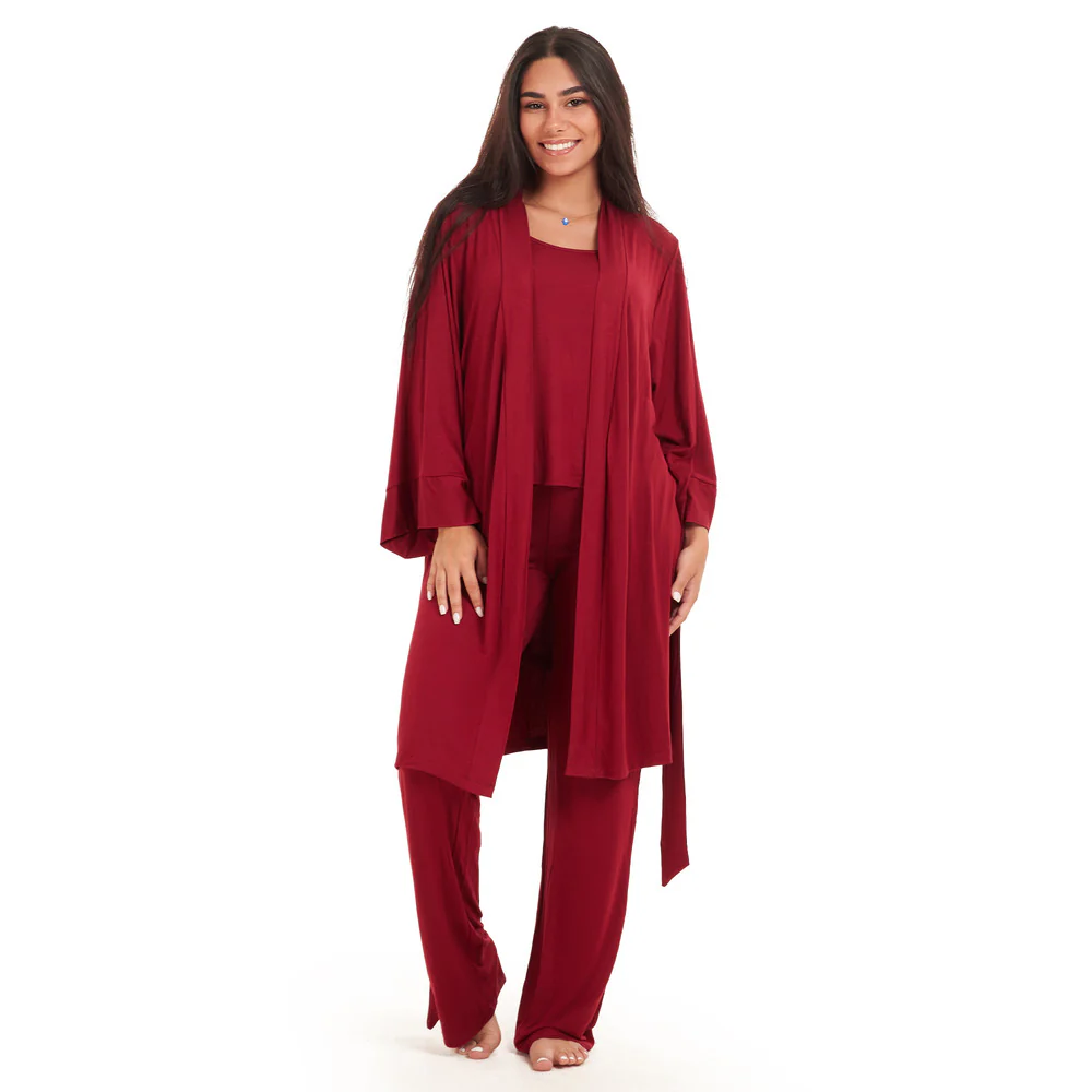Women summer 3 piece pajama set  Dark red Top + Dark red kimono & Pants - Image 2