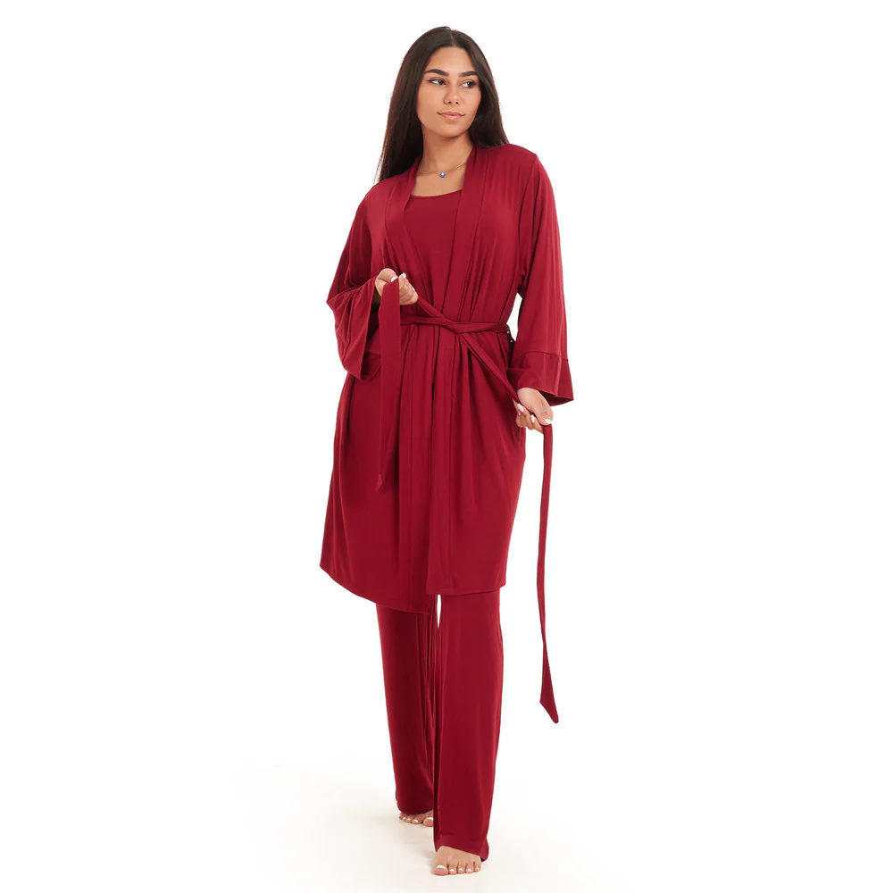 Women summer 3 piece pajama set  Dark red Top + Dark red kimono & Pants - Image 3