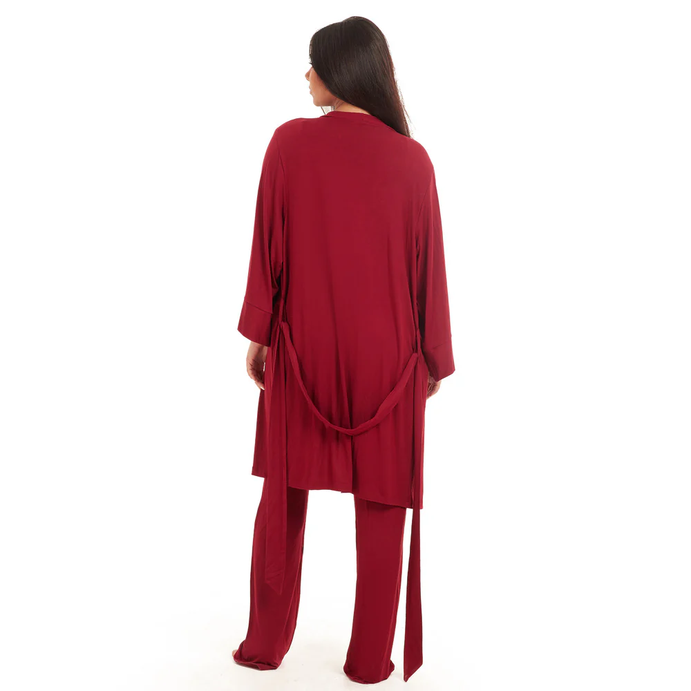 Women summer 3 piece pajama set  Dark red Top + Dark red kimono & Pants - Image 4