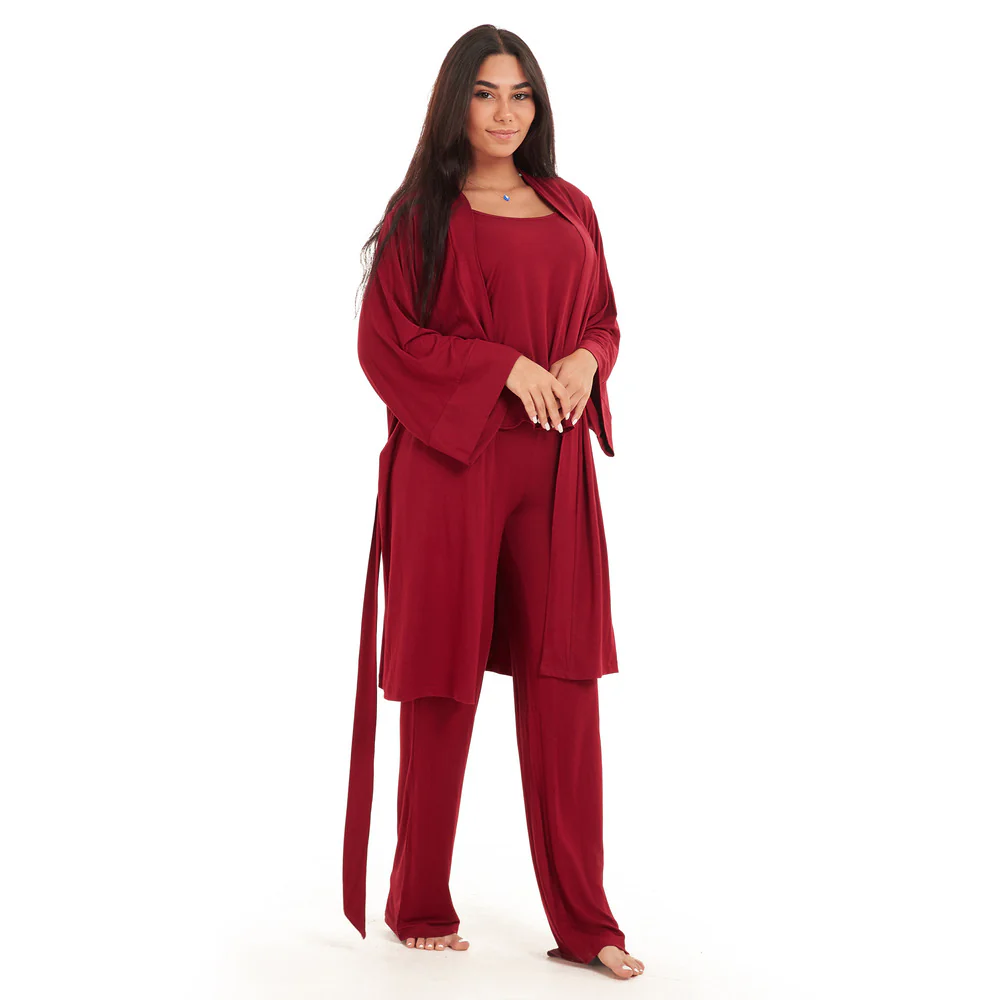 Women summer 3 piece pajama set  Dark red Top + Dark red kimono & Pants - Image 5