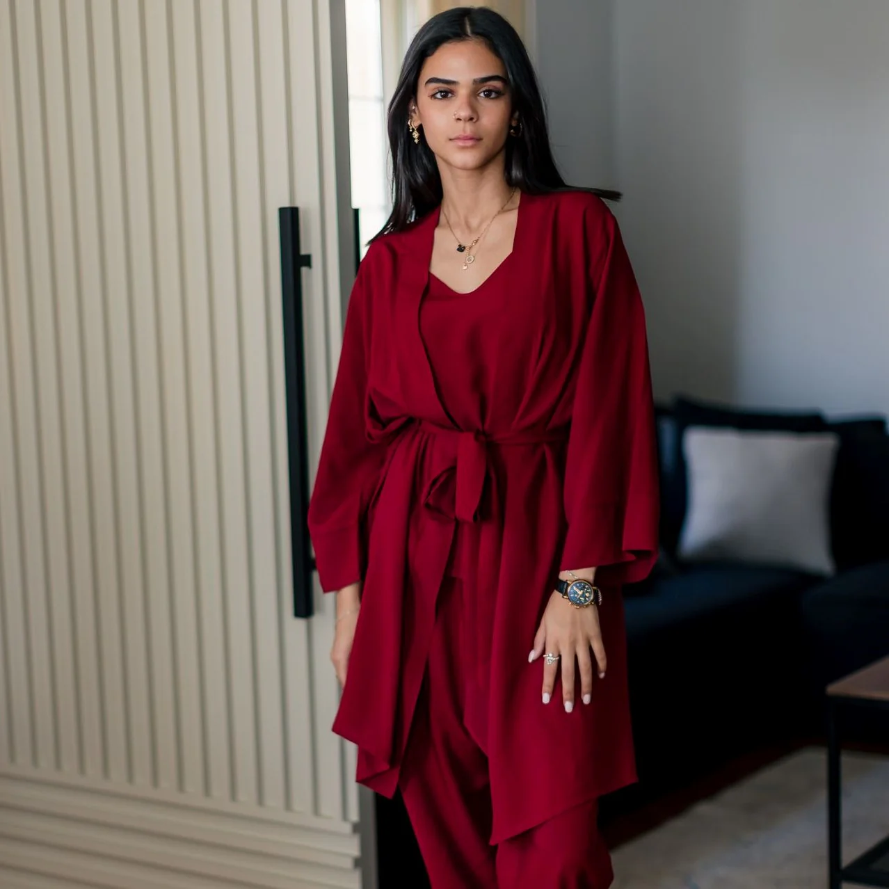 Women summer 3 piece pajama set Dark Red Top + Dark Red kimono & Pants